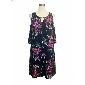 Black Floral A-Line Swing Dress - Flowy Boho Summer Mini - Medium Y2K flutter